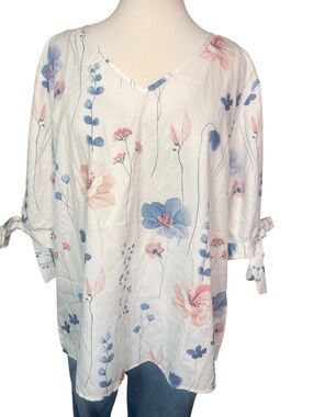 Blue Pink Ivory 24” Floral Print V Neck Tie Short Sleeve Top